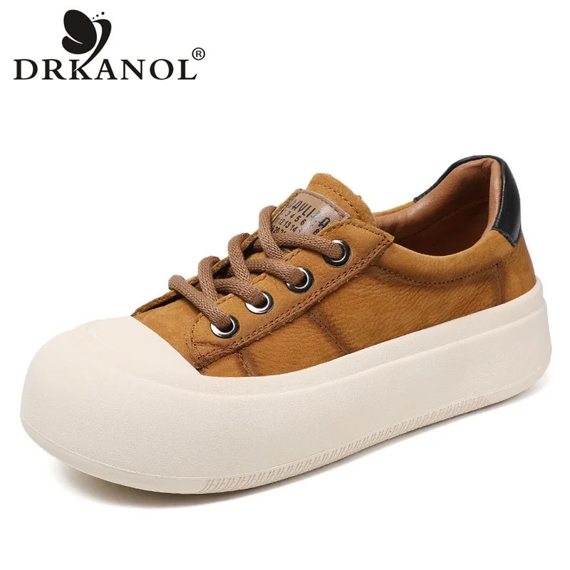 

DRKANOL Fashion Women Flat Platform Shoes Retro Style Thick Sole Genuine Leather Lace-Up Casual Sneakers Women Zapatillas Mujer