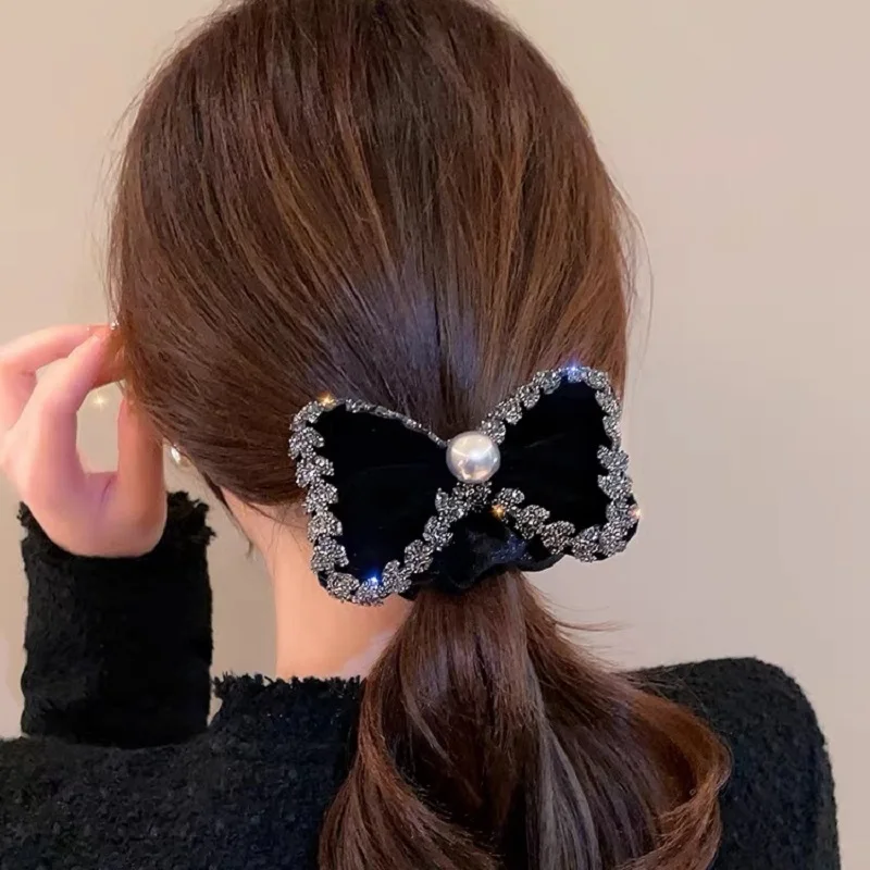 1pc Velvet Rhinestone Bow Scrunchie New Vintage Elastic Hair Bands Ponytail Holder Rubber Band Women Hair Rope Hair Accessories