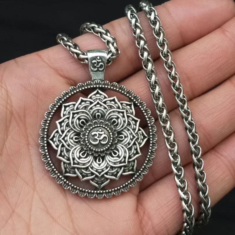 Classic Vintage Hindu Zen Yoga Metal Mandala Pendant Necklace Religious Style Prayer Amulet Accessory Gift for Men and Women