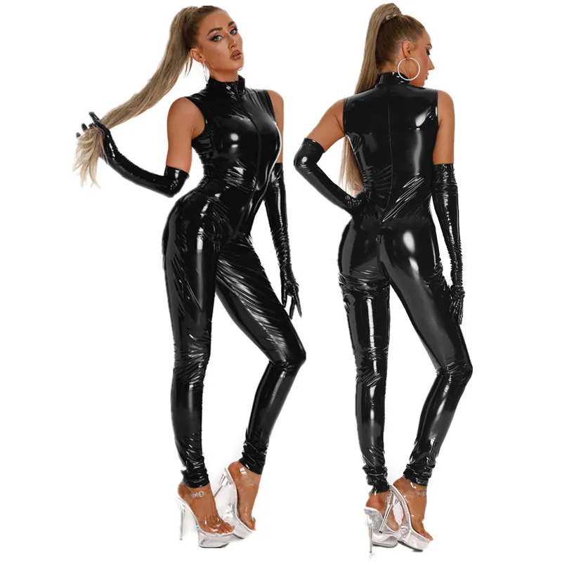 

Sexy Hot Women Faux Leather Jumpsuits Shiny PVC Bodysuits Zipper Open Crotch Catsuit Stretch Bodystocking Erotic Costumes