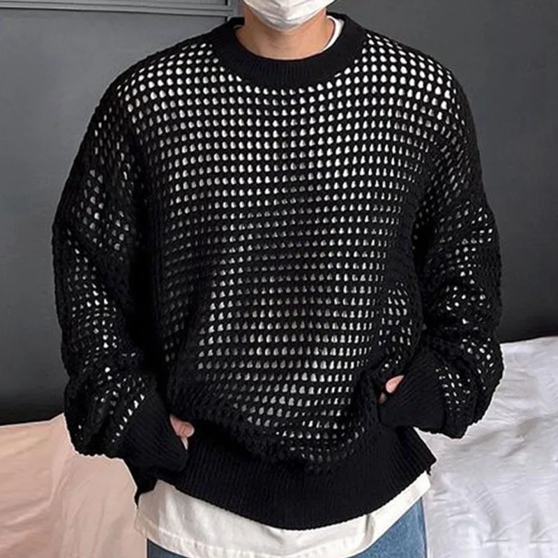

Fashionable Street Mesh Hollowed Out T-shirt Sweater for Men Sexy Muscle Men See-through Long-sleeved Sweater Mesh Sweater Party