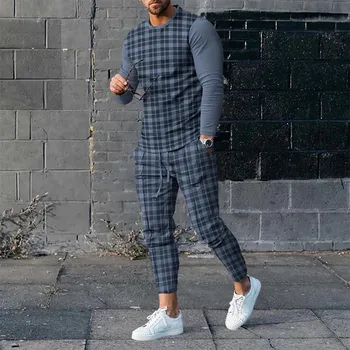 Autunno moda reticolo stampa 3D uomo abbigliamento sportivo Set Casual T-Shirt a maniche lunghe pantaloni 2 pezzi Set Pullover oversize abbigliamento uomo 1