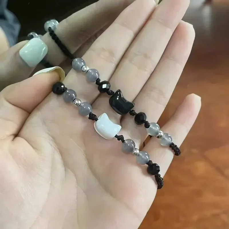 2pcs Natural Moonstone Black White Cat Bracelets Women Couple Minimalist Bracelet Handmade Bracelet Party Animal Jewelry Gifts