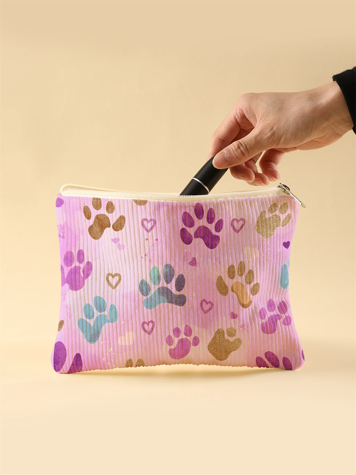 Women's Corduroy Travel Cosmetic Bag Portable Large Capacity Makeup Storage Organizer Zipper Clutch Purse Make up Bag