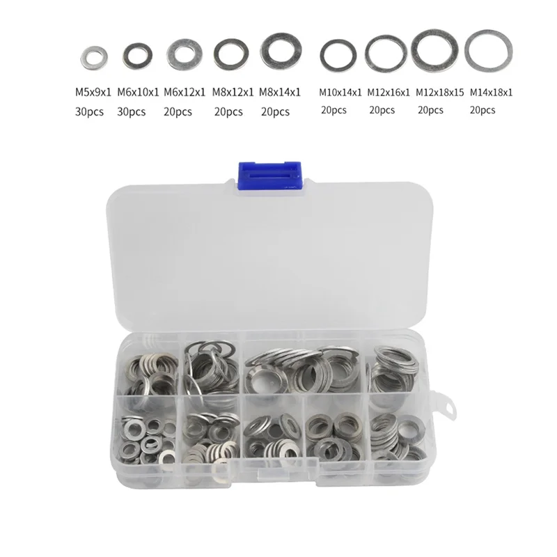 

200pcs Aluminum Flat Washer Gasket Set M5/M6/M8/M10/M12/M14 Flat Sealing Rings Nut and Bolt Sump Plug Oil Seal Fittings Washer