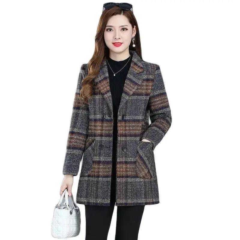 

New Middle-aged Women's Coats Fashion Grid Woolen Overcoat Female Autumn Winter Wool & Blends Pockets Elegant Woman Jackets 5XL