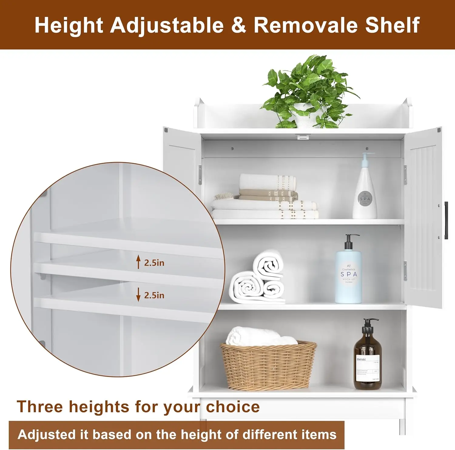 Bathroom 67" Storage Cabinet Organizer with Shelves and Doors, Small Freestanding Toilet Shelf Space Saver with Anti-Tip Design