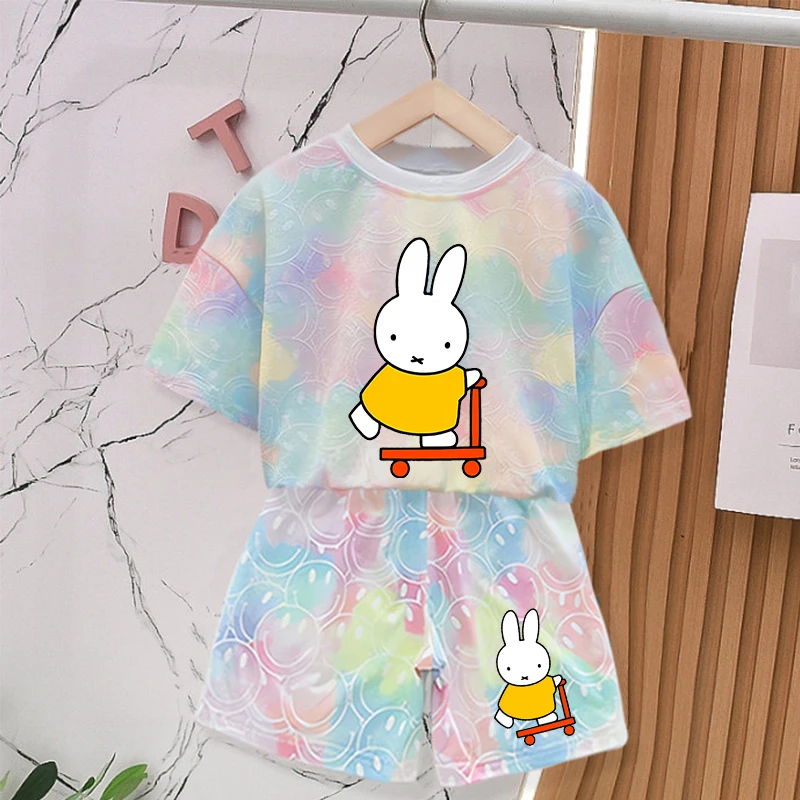 Miffy's Rabbit Summer Baby Girl Outfit - Cute Tie-Dye Smile T-Shirt & Shorts Set