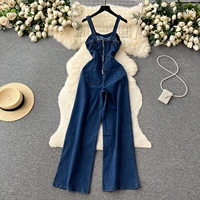 Retro ABG Spicy Girl Sle Strap Vest Denim Jumpsuit Women Summer Waist Cinched Slimming Wide Leg Floor Length Pants - Image 4
