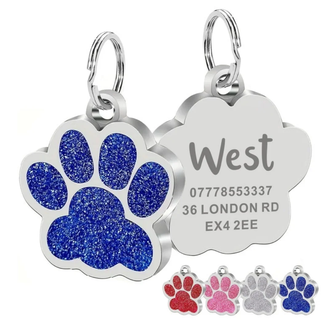 Індивідуальний ідентифікаційний ярлик домашніх тварин - персоналізований вигравіруваний іменний ярлик для собак і кішок, шарм із блискучим принтом лап, водонепроникний міцний, безкоштовне гравіювання