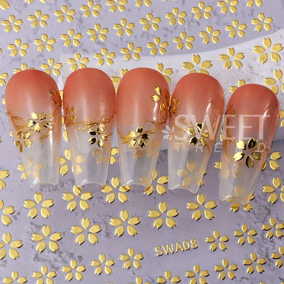 2/3pcs Holographic Sakura Flower Nail Stickers Cherry Blossom Petal Design Silver Gold Floral Summer Adhesive Decal Manicure Tip