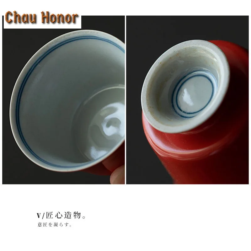 45ml Coral Red Glaze Ceramic Tea Cup With Coaster Hand-painted Double Line Single Master Cup Household Set Kung Fu Teaware Set