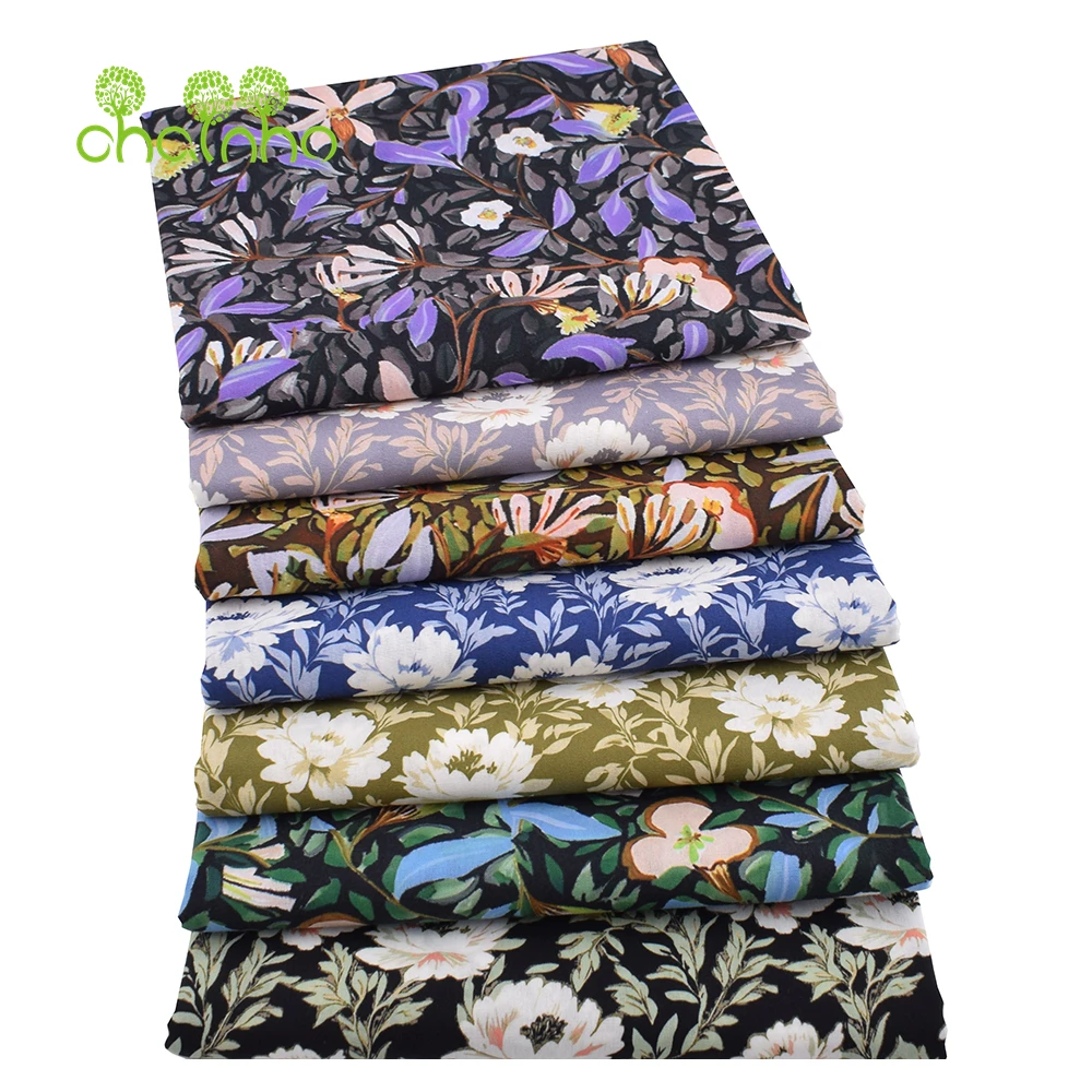 Chainho,Printed Plain Weave Poplin Cotton Fabric,DIY Quilting Sewing Material,Patchwork Cloth,Floral Series,2 Sizes,15PC221