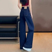 Girls Fashion Korean Straight Casual Jeans Female Baggy High Waist Wide Leg Denim Pants Women Classic Wash Dark-blue Trousers - Image 3