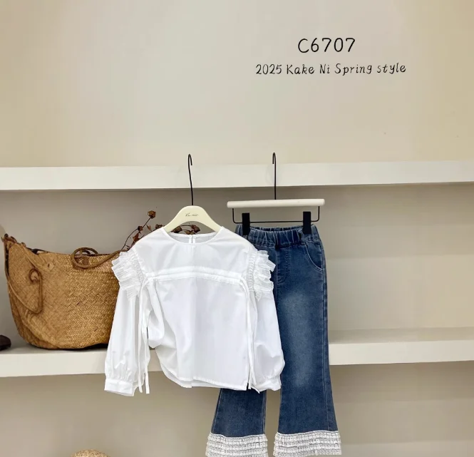 여아용 한국 스타일 러플 셔츠, 풀 슬리브 코튼 패션, 용수철 여아 블라우스, 4-9t G107, 2025