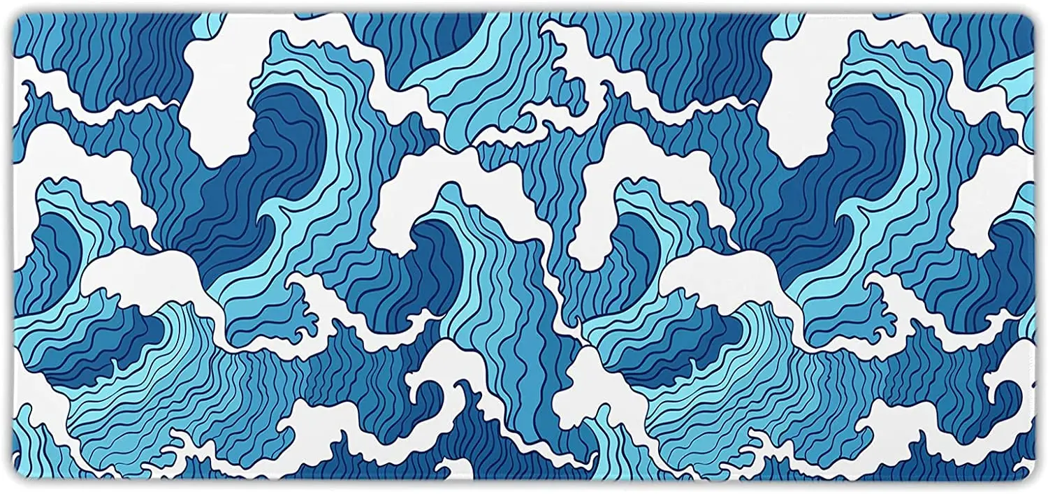 

Japanese Blue and White Wave XL with Stitched Edge Extended Waterproof Desk Pads Non-Slip Rubber Base Keyboard Mat 31.5×11.8 In