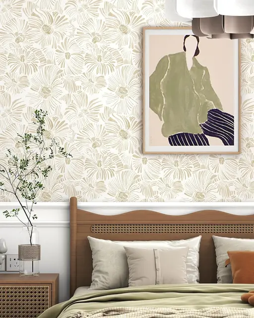 โมเดิร์น Peel และ Stick วอลล์เปเปอร์ Boho Beige ลายวอลล์เปเปอร์กาวในตัวดอกไม้กระดาษติดต่อที่ถอดออกได้สําหรับตู้ห้องนอน 1