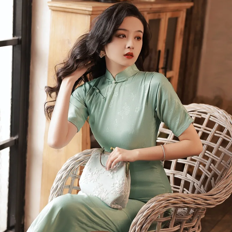

Платье Qipao женское в традиционном китайском стиле, модное удобное зеленое ретро-платье Чонсам с вышивкой, лето 2023