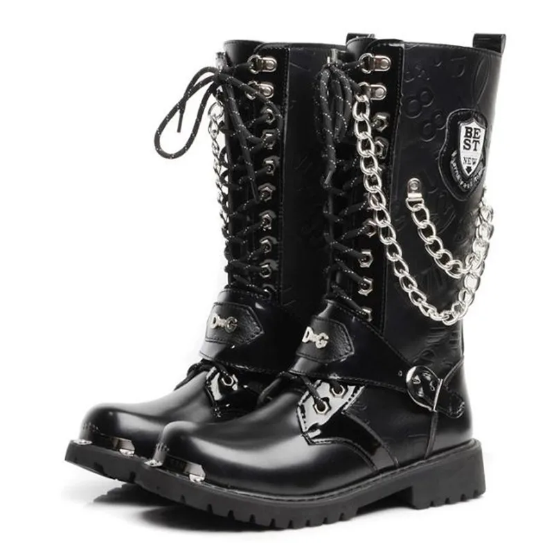 Botas altas de desierto para hombre, botas de moto de cuero, moda masculina, cinturón gótico, botas con cadena Punk 46