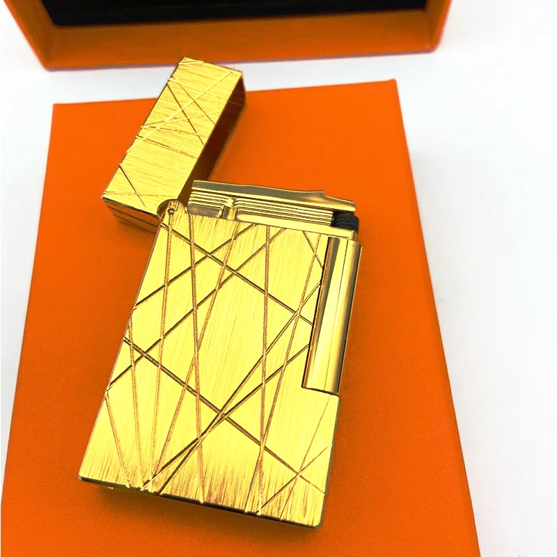 

New Memorial Metal Drawing Vertical Stripes Luxury Tobacco Lighters Ping Sound Natural Lacquer Cigarette Smoking Butane Lighters
