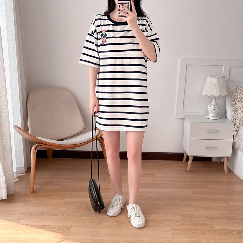 Breadtfeeding Top Pregnant Clothes T-shirt For Nursing Mothers Striped Cartoon Bear Pattern 6081