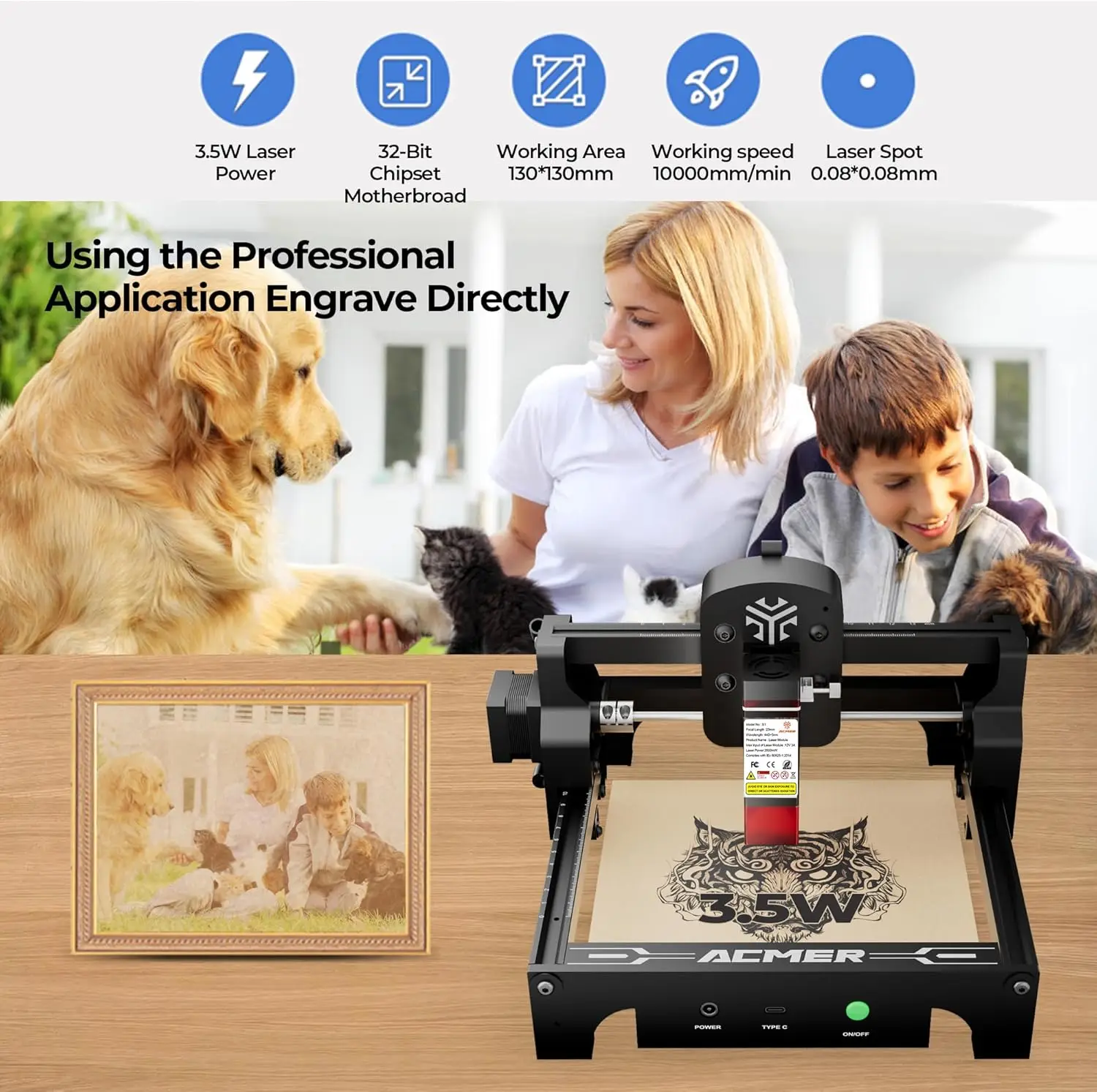 Acmer Laser Engraver Machine, 2500mW High Precision Laser Cutter and Engraving Machine, 130x130mm Working Area for Wood and Meta