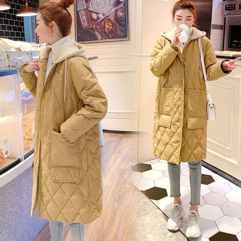 

New Autumn Winter Women's Diamond Check Down Cotton Coat Long Hooded Parker Overcoat Oversized Female Loose Casual Padded Jacket