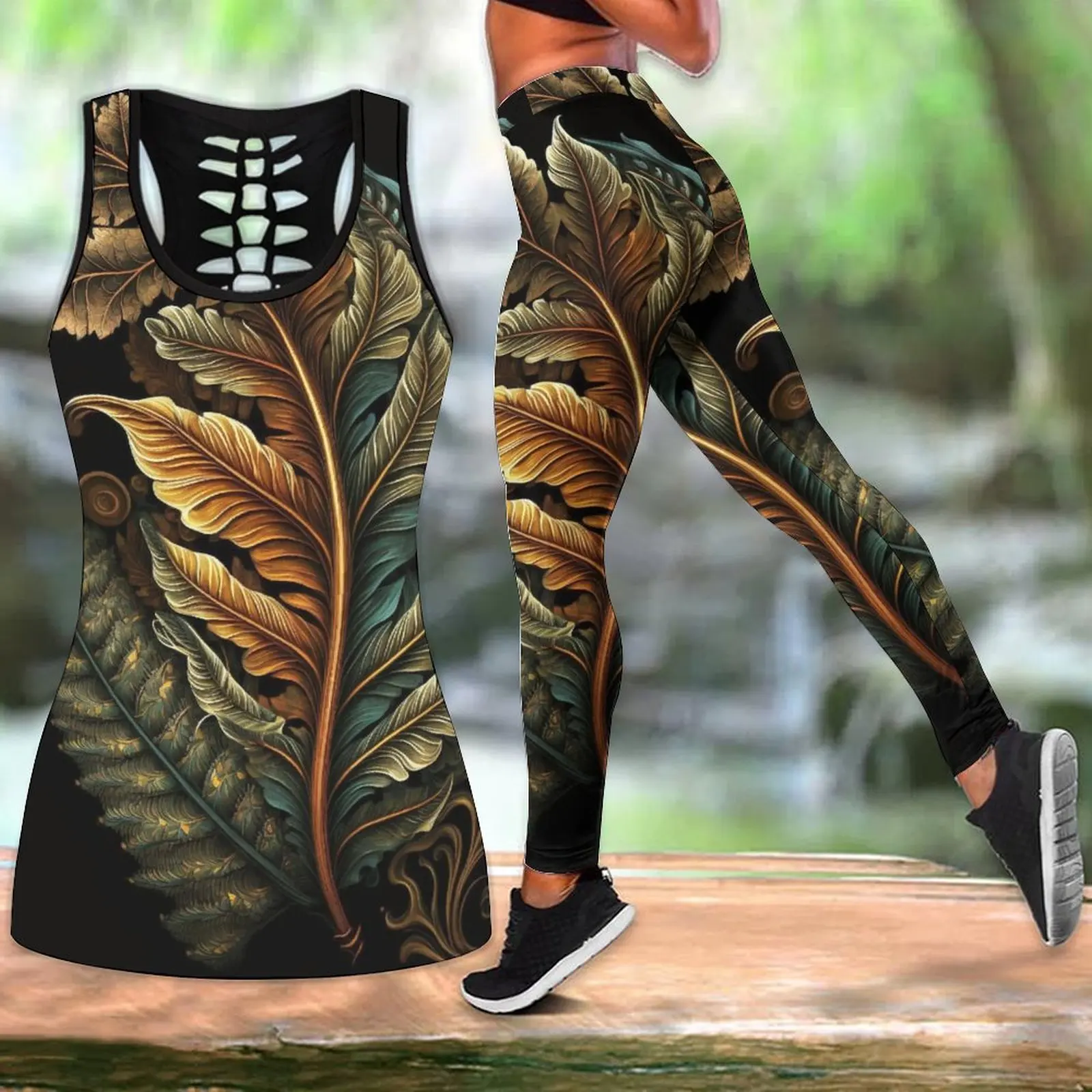 

Women's Summer Fashion Leaves Print Tank Tops Leggings Suit