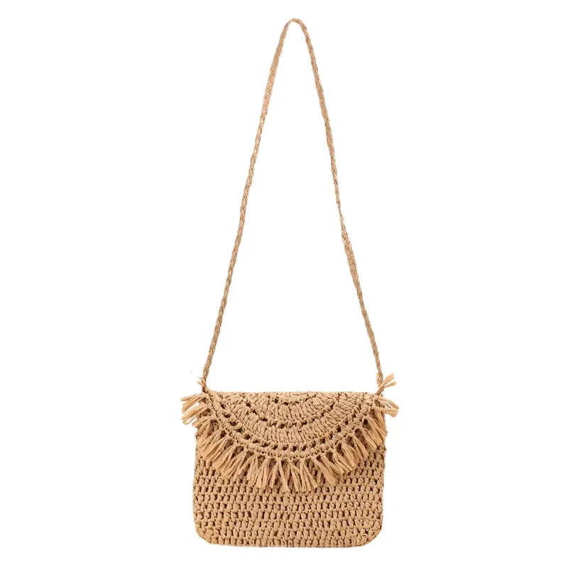 

New Handmade Crocheted Tassel Woven Bag Leisure Slung Woven Bag Holiday Tide Girl Beach Bag