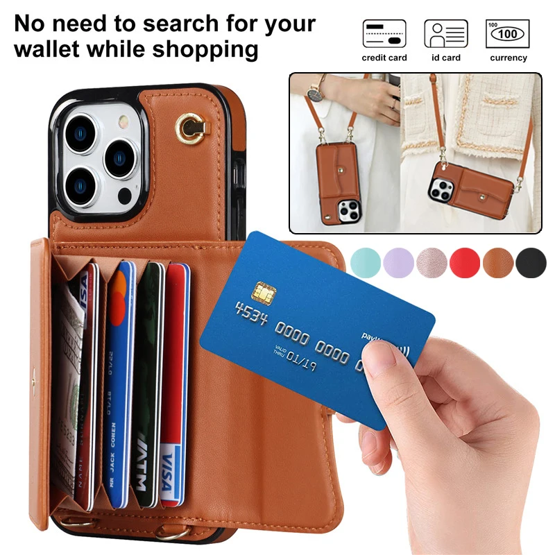 Elegant Leather Lanyard Phone Case with Wallet and Card Holder Flip Cover