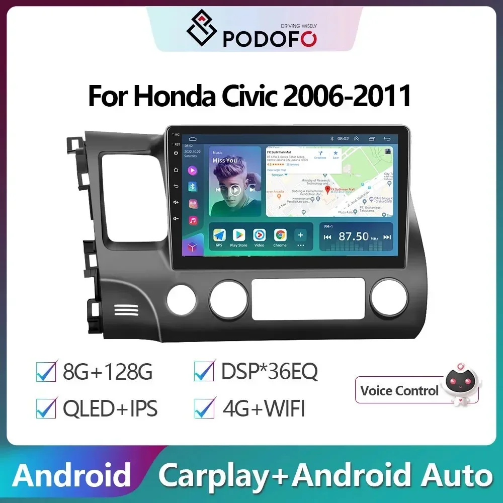 Podofo 4G WIFI Android Car Radio For Honda Civic 2006-2011 8Core 8+128G Carplay Android Auto GPS Multimedia Player DSP Stereo