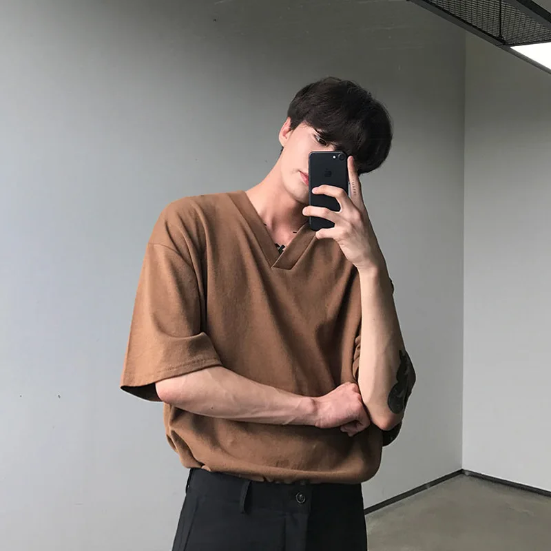 

Summer Boys V-Neck Korean Version of Short-Sleeved T-Shirt Casual Solid Colour Loose Half-Sleeve T-Shirt