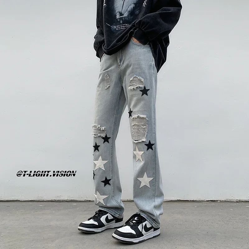 

Privathinker American Ins High Street Men's Jeans Embroidery Five-pointed Star Broken Hole Pants Men Streetwear Casual Trousers