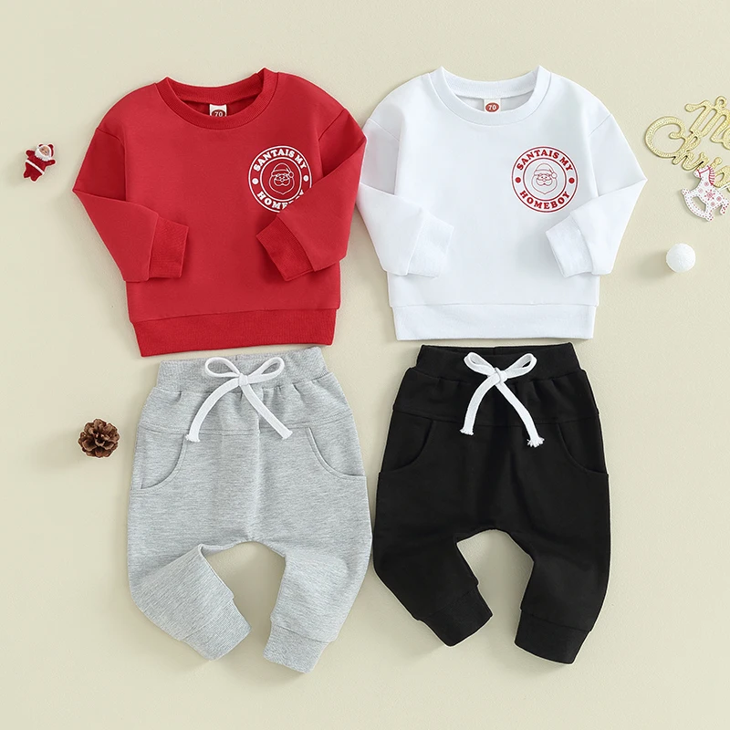 

2023-09-22 Lioraitiin 0-3Y Kid Baby Boys Christmas Outfits Long Sleeve Santa Letter Print Pullover and Pants Set Toddler Clothes