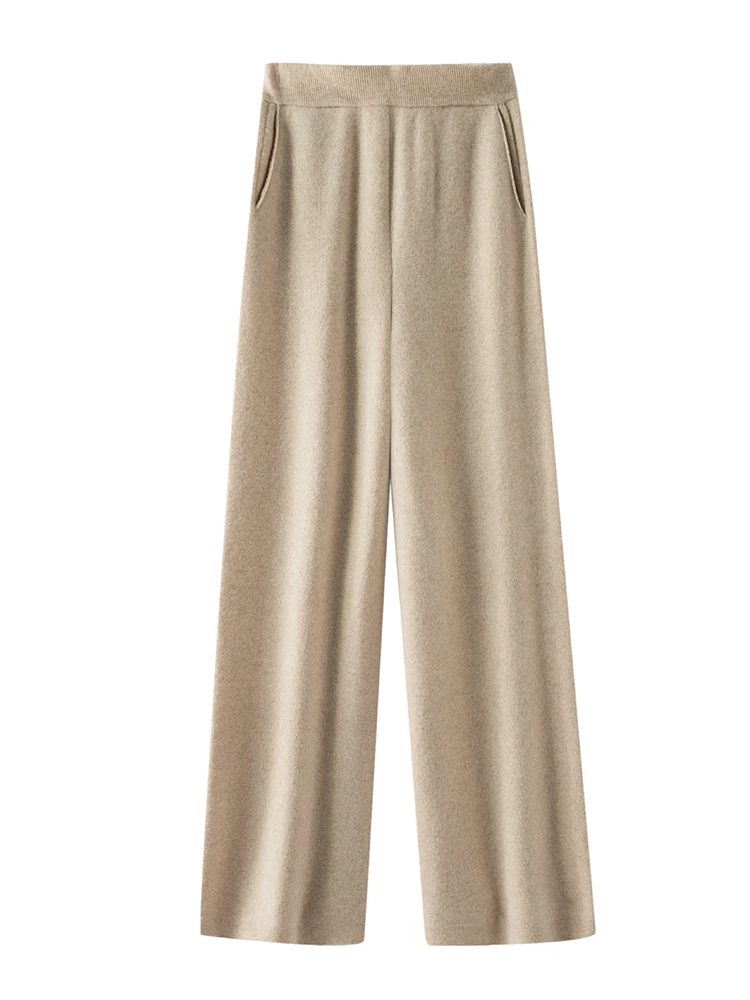 Women High Waist Wide Leg Pants For Winter 100% Merino Wool Trousers Thick Warm Solid Basic Casual Knitwear Korean Fashion Tops