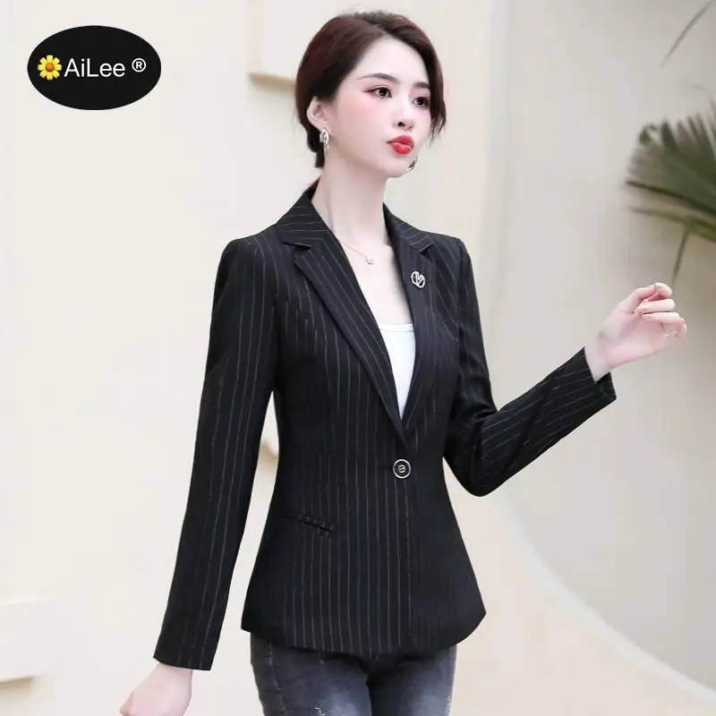 Elegant Black Single Breasted Women Blazer Fashion Vintage Striped Loose Work Wear Tops Outerwear Female Slim Business Jacket