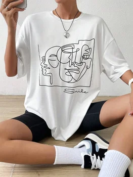 Camiseta feminina de gola redonda com estampa gráfica e carta, tops femininos de algodão, manga curta, macia, casual, plus size, rua