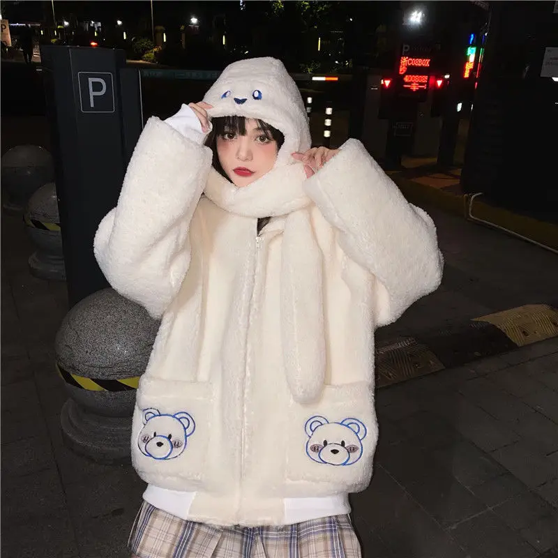 

Lamb Wool Jacket Women Plus Velvet Warm Scarf Collar Thick Autumn and Winter Loose Zipper Cute Bear Embroidery Student Sweater