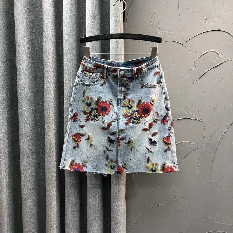 

High Street Printed Denim Skirt Women 2023 Spring Summer High Waist Slimming Skirt Split Straight One-Step Mini Skirts