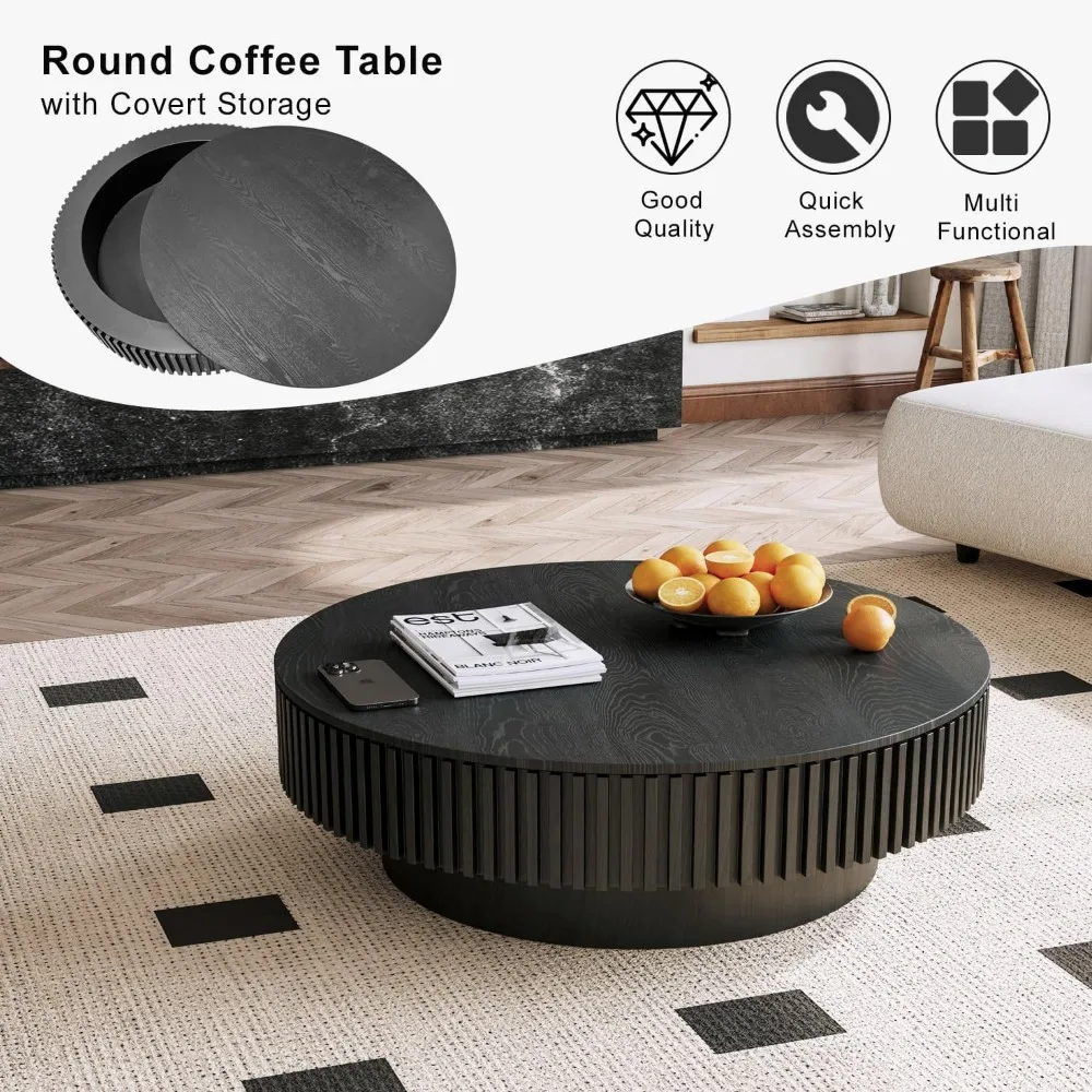 31" Round Black Coffee Table for Living Room, Mid Century Modern  with Sturdy Pedestal, Café Tables 6