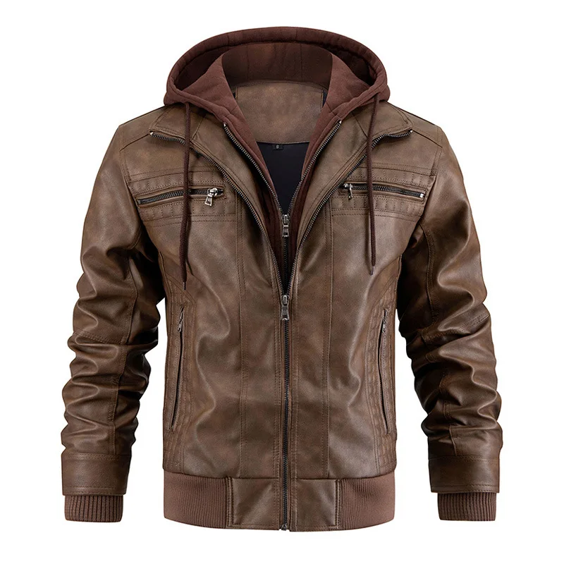 Leather Jackets Men's Motorcycle Slim Fit Hooded PU Coat Autumn Winter Casual Windproof Detachable Hat S-XXXL