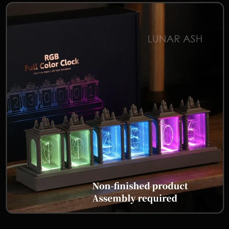 Digital Nixie Tube Clock Assembly Required with RGB LED Glows Table Clock Gray  