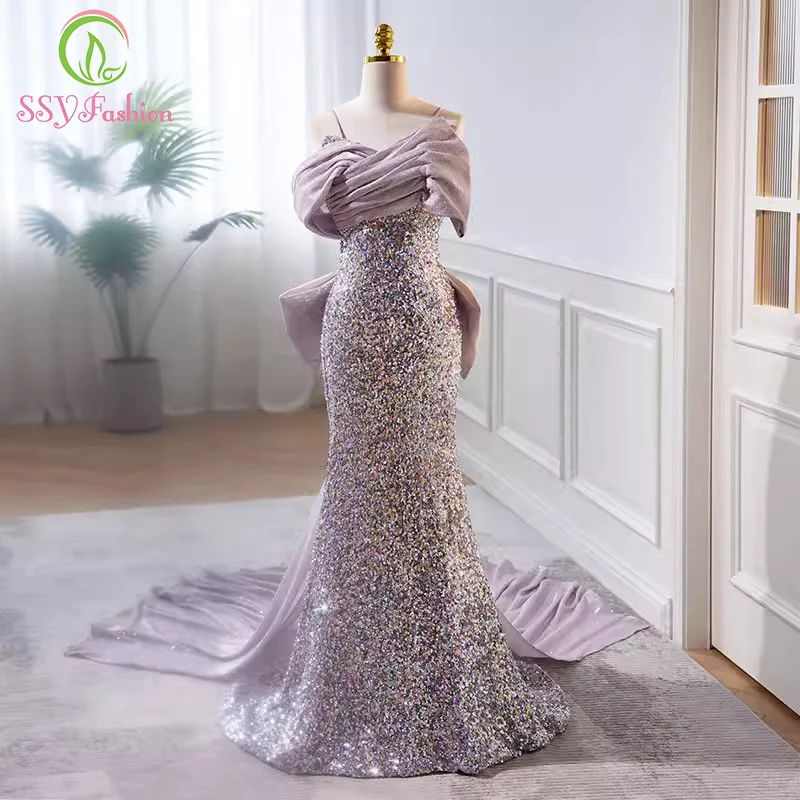

Женское вечернее платье-Русалка SSYFashion, роскошное фиолетовое блестящее облегающее платье со съемным хвостом, блестящее строгое платье