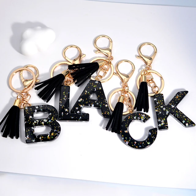 Black A-Z Initial Keychain 26 Letter Star Sequin Filling Keyring