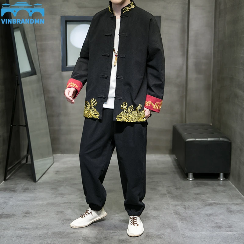 

Autumn and Winter Chinese Style Men's Cotton Linen Embroidery Contrast Color Suit Two-piece Set Stand Collar Coat Loose Pants