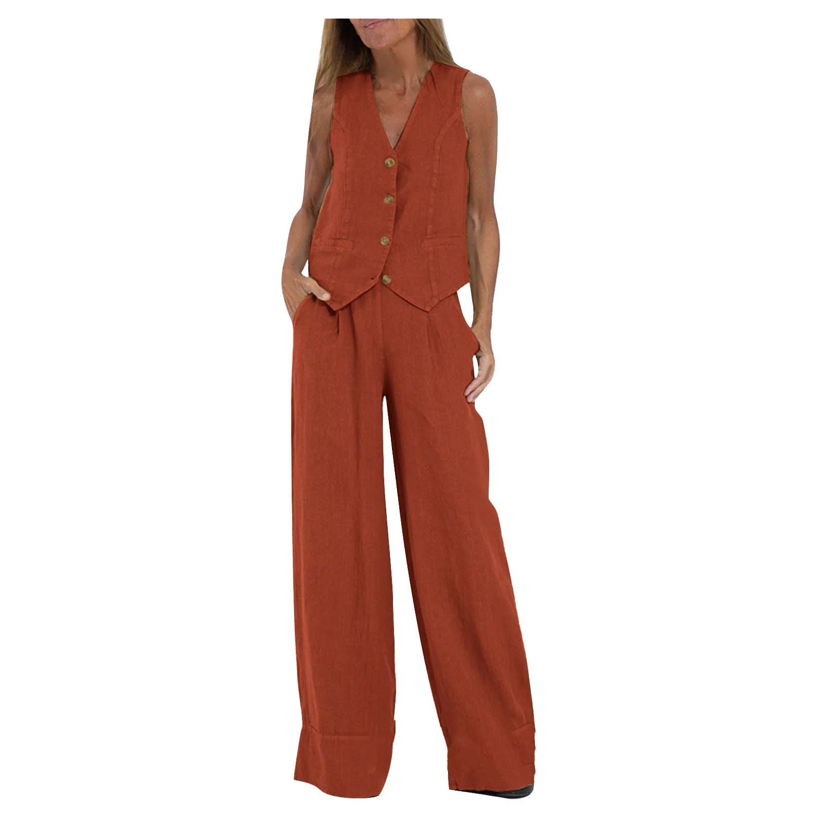 Women Elegant Solid Waistcoat Pant Sets Single Breasted V Neck Vest Top + High Waist Slim Long Pants Lady Office Wear Suits