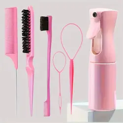 Professional Hair Styling Kit - 6 Piece Set with Spray Bottle, Braiding Loop, Rat Tail Comb, Teasing & Edge Brushes (Pink)