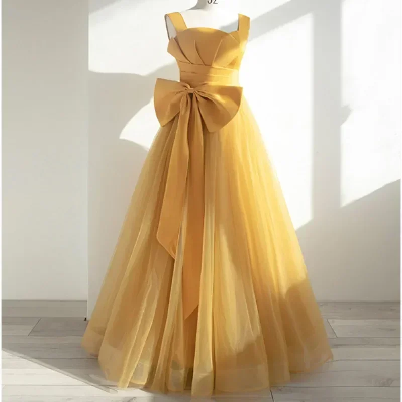 

Luxury Yellow Formal Evening Dresses Women Elegant Bow Wedding Party Dress Square Collar Strap Mesh Prom Ball Gown Vestidos