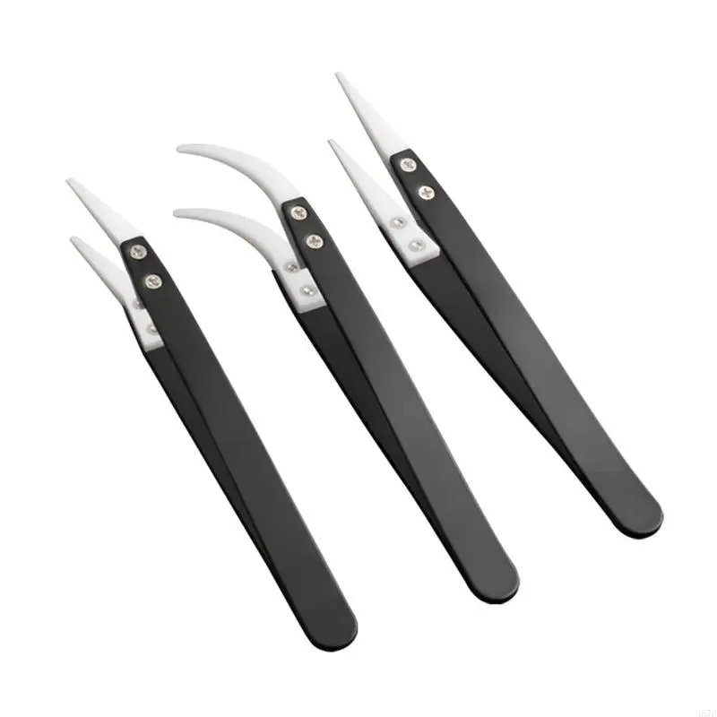 920L 3pcs/set Ceramic Reverse Tweezers Insulation Anti-Static Heat Resistant Non Conductive Tweezers Straight Curved Tips