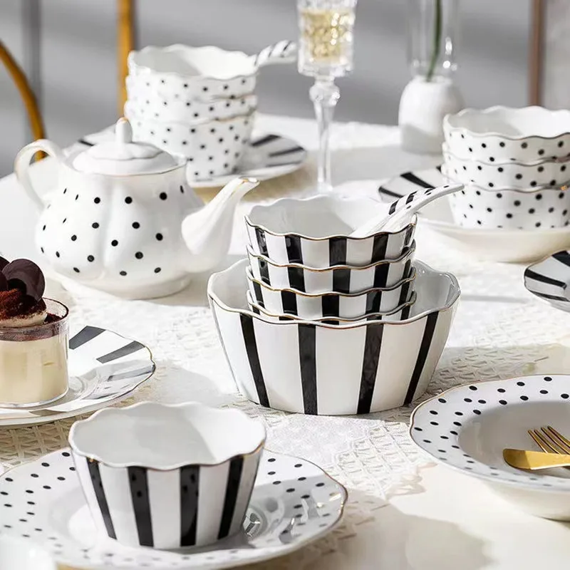White With Gilt Rim Porcelain Plates For Food Dinner Service Dishes Salad Soup Bowl Ceramic Coffee Source Set Polka Dot Gifts
